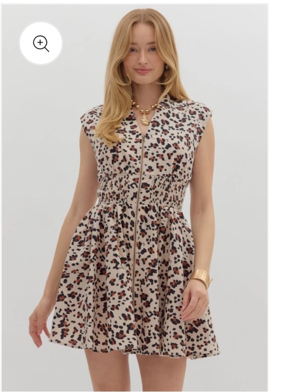 entro Beige Leopard-Print Zip Front Mini Dress